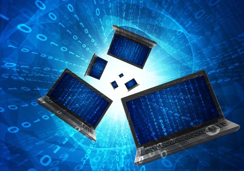 Black laptops with figures on blue background