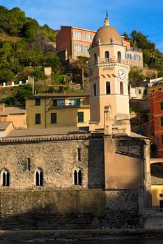 Vernazza village with the church of Santa Margherita di Antiochia. Cinque terre, national park in Liguria Italy. UNESCO world heritage site
