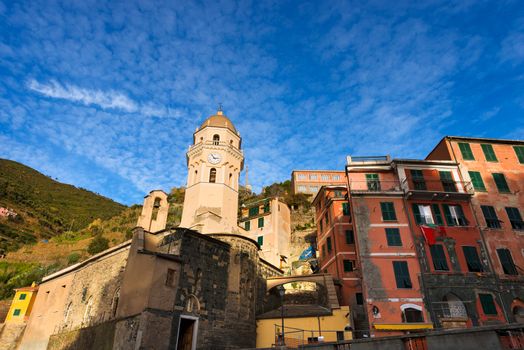 Vernazza village with the church of Santa Margherita di Antiochia. Cinque terre, national park in Liguria Italy. UNESCO world heritage site