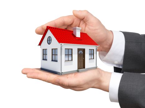 House in hands on isolated white background
