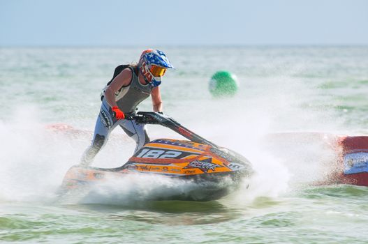 Pattaya, Thailand - December 6, 2015: Brock Austin from the USA competing in the Pro Ski Class of the International Jet Ski World Cup at Jomtien Beach, Pattaya, Thailand.