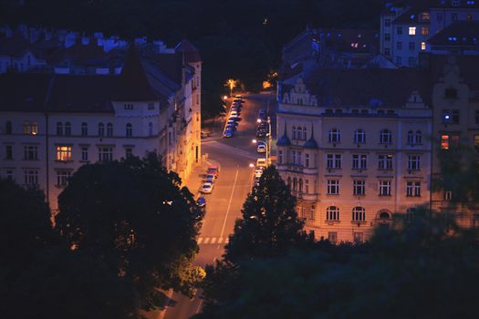 Old long street at night in Czech Republic