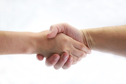 Hand shake with a white plain background