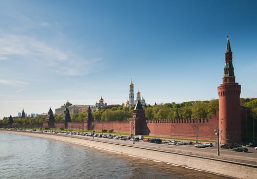 Kremlin red wall in Moscow on sunny day