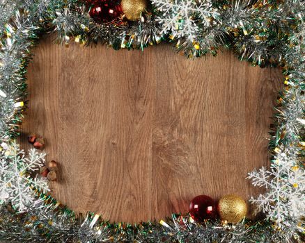 christmas balls on wood floor