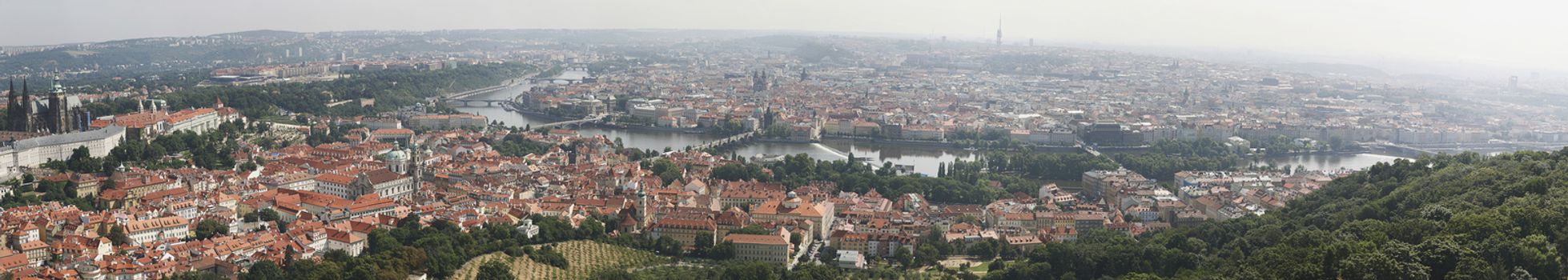 Long panarama of Prague city in summer day