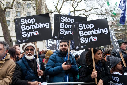 ENGLAND, London: Hundreds of protesters took part in a demonstration against the UK involvement in Syria on December 12, 2015 in London.Demonstrators called for an immediate halt to air strikes in the war-ravaged country as they marched on Downing Street.
