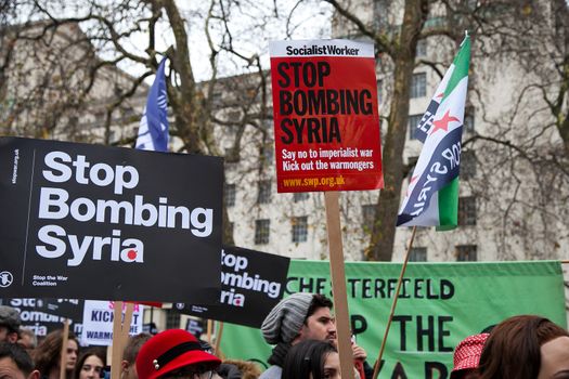 ENGLAND, London: Hundreds of protesters took part in a demonstration against the UK involvement in Syria on December 12, 2015 in London.Demonstrators called for an immediate halt to air strikes in the war-ravaged country as they marched on Downing Street.