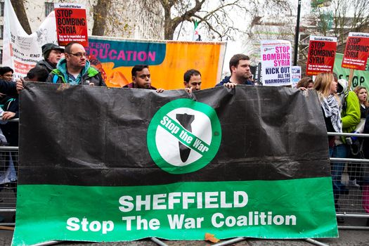 ENGLAND, London: Hundreds of protesters took part in a demonstration against the UK involvement in Syria on December 12, 2015 in London.Demonstrators called for an immediate halt to air strikes in the war-ravaged country as they marched on Downing Street.
