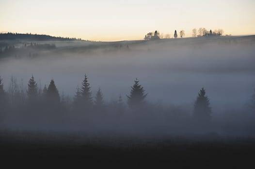 Foggy misty forest hills in a sunset