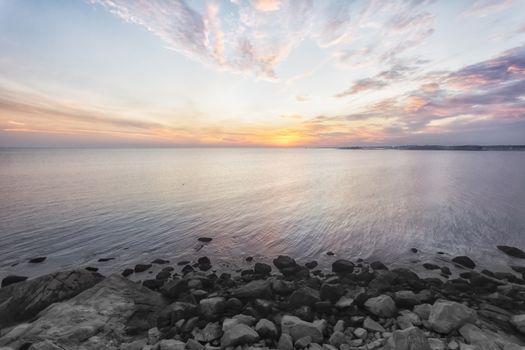 Photograph shows a coastal landscape in Rhode Island