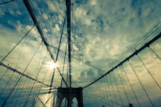 Double exposure photograph of Brooklyn Bridge, New York