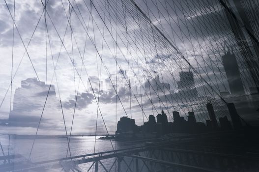 Double exposure photograph of Manhattan bridge