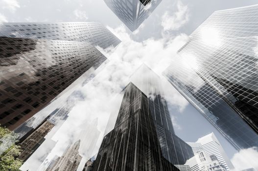 Double exposure photograph of city buildings