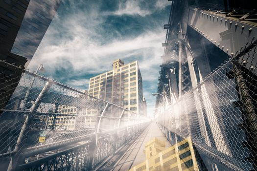 Double exposure photograph of Manhattan bridge