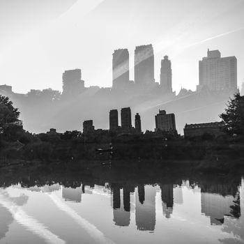 Double exposure photograph of city skyline in New York City