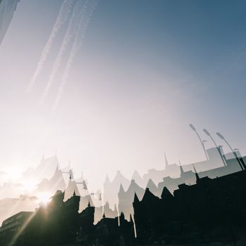 Double exposure photograph of a city skyline