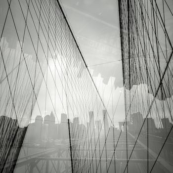 Double exposure photograph of Brooklyn Bridge, New York City