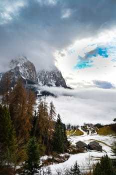 Mountain landscape shrouded in the morning fog.