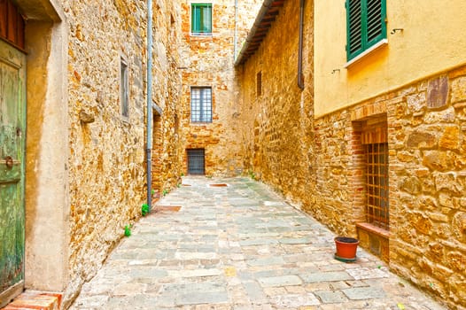 Narrow Street with Old Buildings in Italian City of Cetona