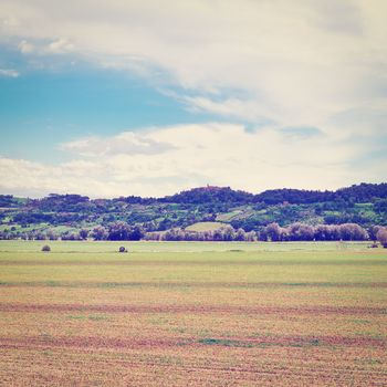 The Medieval Italian Town Surrounded by Forests and  Fields Planted with Corn, Instagram Effect