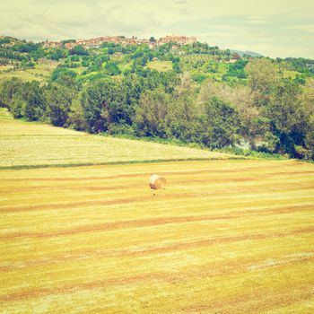 Tuscany Landscape with Many Hay Bales on the Background of the Medieval City, Instagram Effect