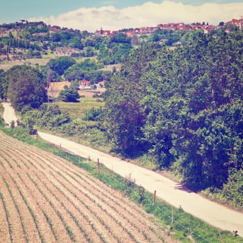 The Medieval Italian Town Surrounded by Forests and Fields Planted with Corn, Instagram Effect