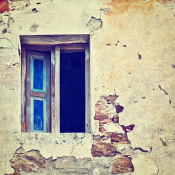 Open Window on the Dilapidated Facade of the Old Italian House, Instagram Effect
