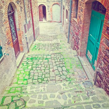 Staircase of the Narrow Street with Old Buildings in the Medieval Italian City, Instagram Effect 