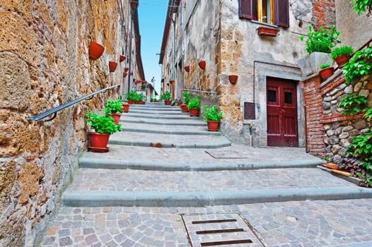 Staircase of the Narrow Street with Old Buildings in the Medieval Italian City 