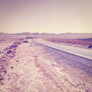 Winding Asphalt Road in the Negev Desert in Israel, Instagram Effect