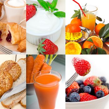 ealthy fresh nutritious vegetarian breakfast collage composition set