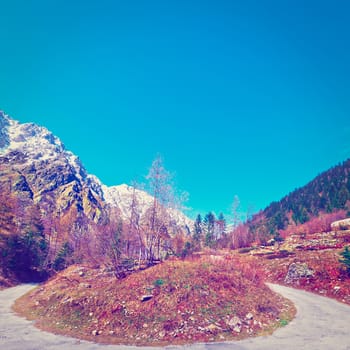 Abrupt Bend in the Asphalt Road in the Italian Alps, Instagram Effect