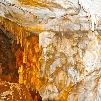 Stalactite and Stalagmite in the Deep Dark Cave