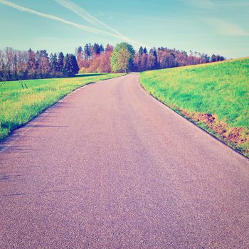 Asphalt Road Leading to the Farmhouse in the Swiss Alps in the Early Morning, Instagram Effect