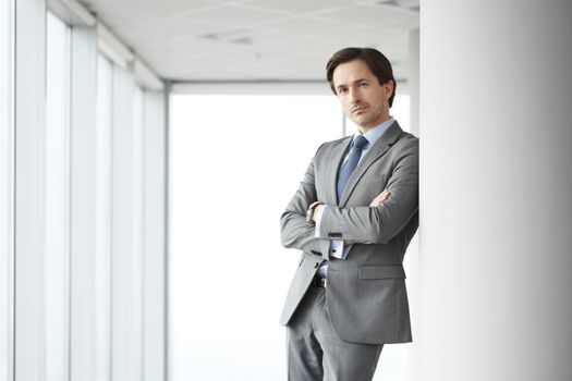 Portrait of handsome businessman standing near windows in office