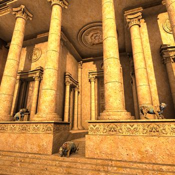 3D rendered - Guardian Tigers of an ancient fantasy temple