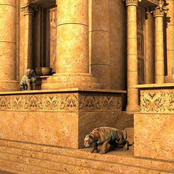 3D rendered - Guardian Tigers of an ancient fantasy temple