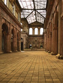 Interior of ruins of church after earthquake in Nicaragua