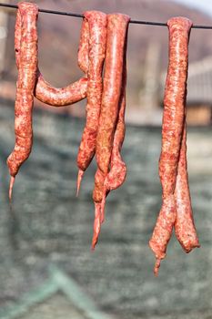 Romania traditional pork sausages hanging to dry