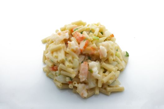 Macaroni, pasta with white cheese, shrimp, crab stick and onion