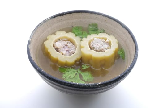 Bitter melon, bitter gourd Soup with Pork in a Bowl