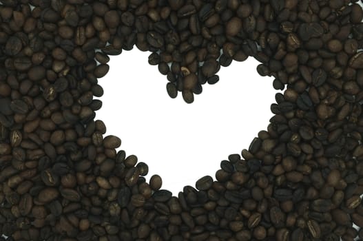 Coffee frame in heart shape isolated on white