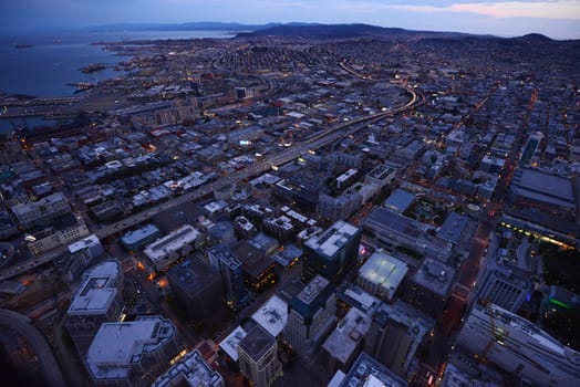 an aerial view of san francisco during sunset