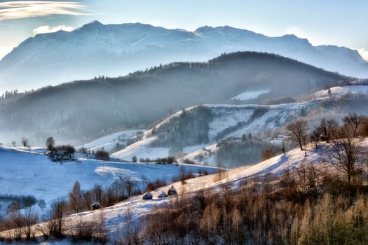 Frozen sunny day of a winter, on wild transylvania hills. Holbav. Romania. Low key, dark background, spot lighting, and rich Old Masters