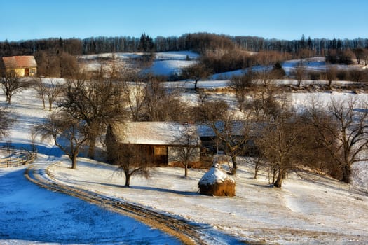 Frozen sunny day of a winter, on wild transylvania hills. Holbav. Romania. Low key, dark background, spot lighting, and rich Old Masters