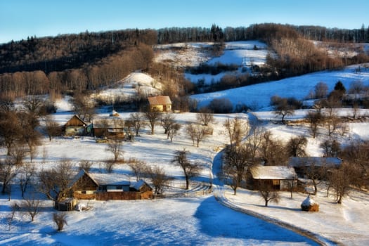 Frozen sunny day of a winter, on wild transylvania hills. Holbav. Romania. Low key, dark background, spot lighting, and rich Old Masters