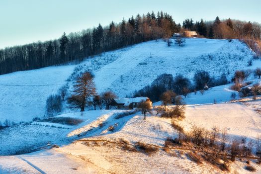 Frozen sunny day of a winter, on wild transylvania hills. Holbav. Romania. Low key, dark background, spot lighting, and rich Old Masters