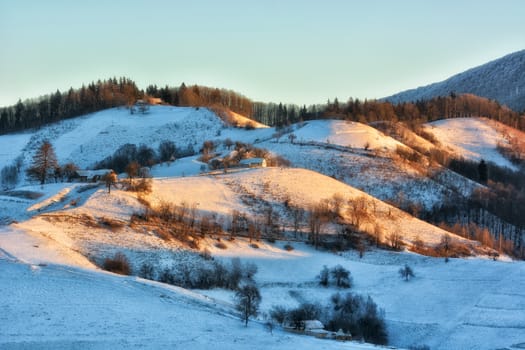 Frozen sunny day of a winter, on wild transylvania hills. Holbav. Romania. Low key, dark background, spot lighting, and rich Old Masters