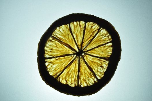 Dried sliced orange sillhouette on the lighting desk, that show the orange body in another way we usually see. 